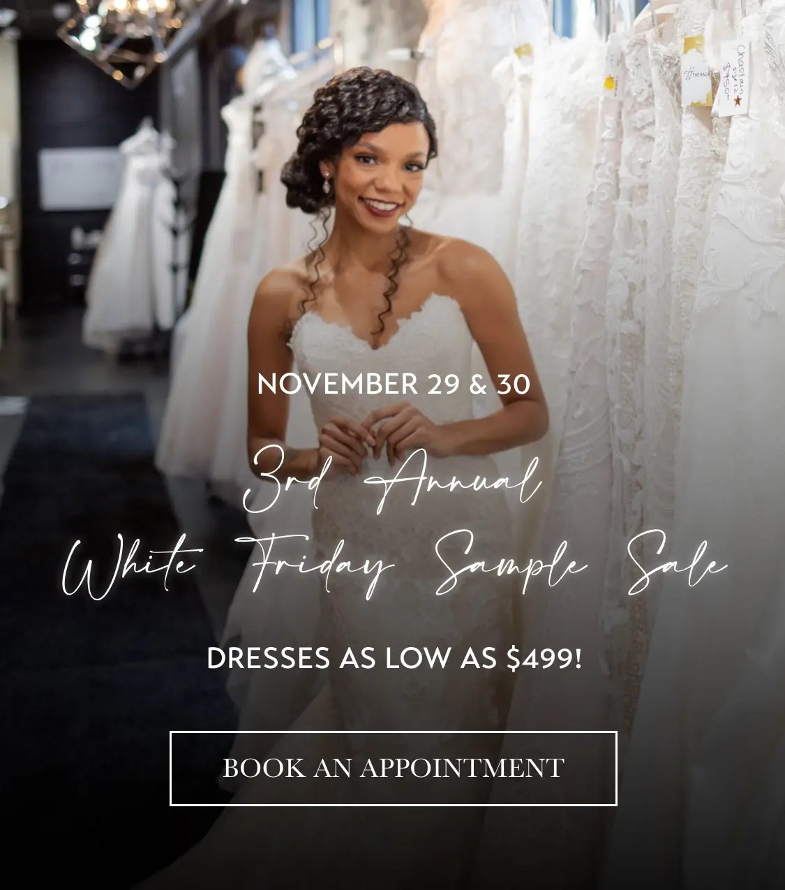 annual white Friday sample sale banner